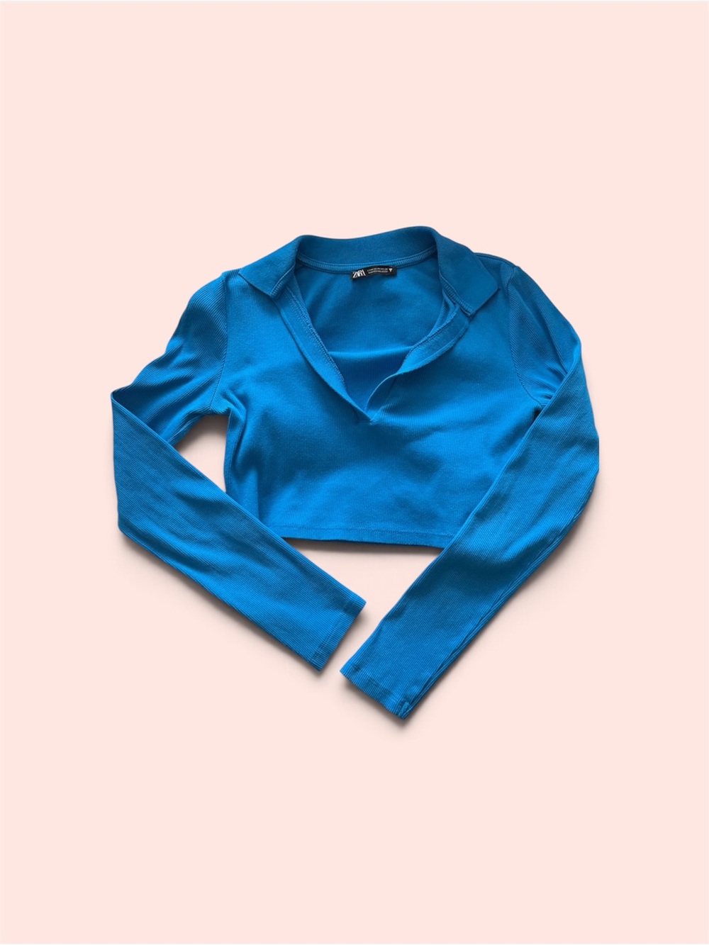 Zara Bright Blue Long-Sleeve Cropped Polo Top